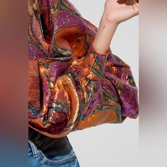 Colorful Brocade Long Sleeve Puff Blouse ✨ - Picture 6 of 7